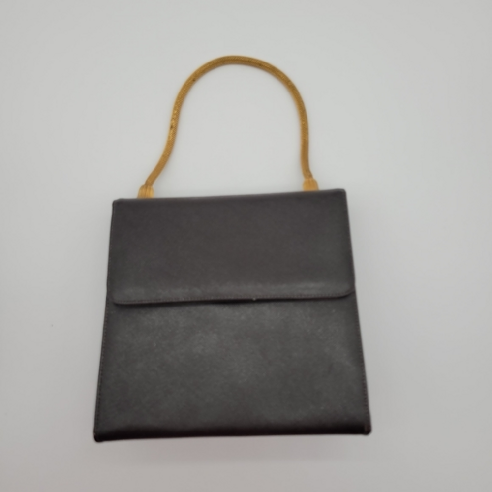 Rare Unique Vintage Mini Box Handbag Faux Leather w/Cloth Lining‎ & Gold Handle